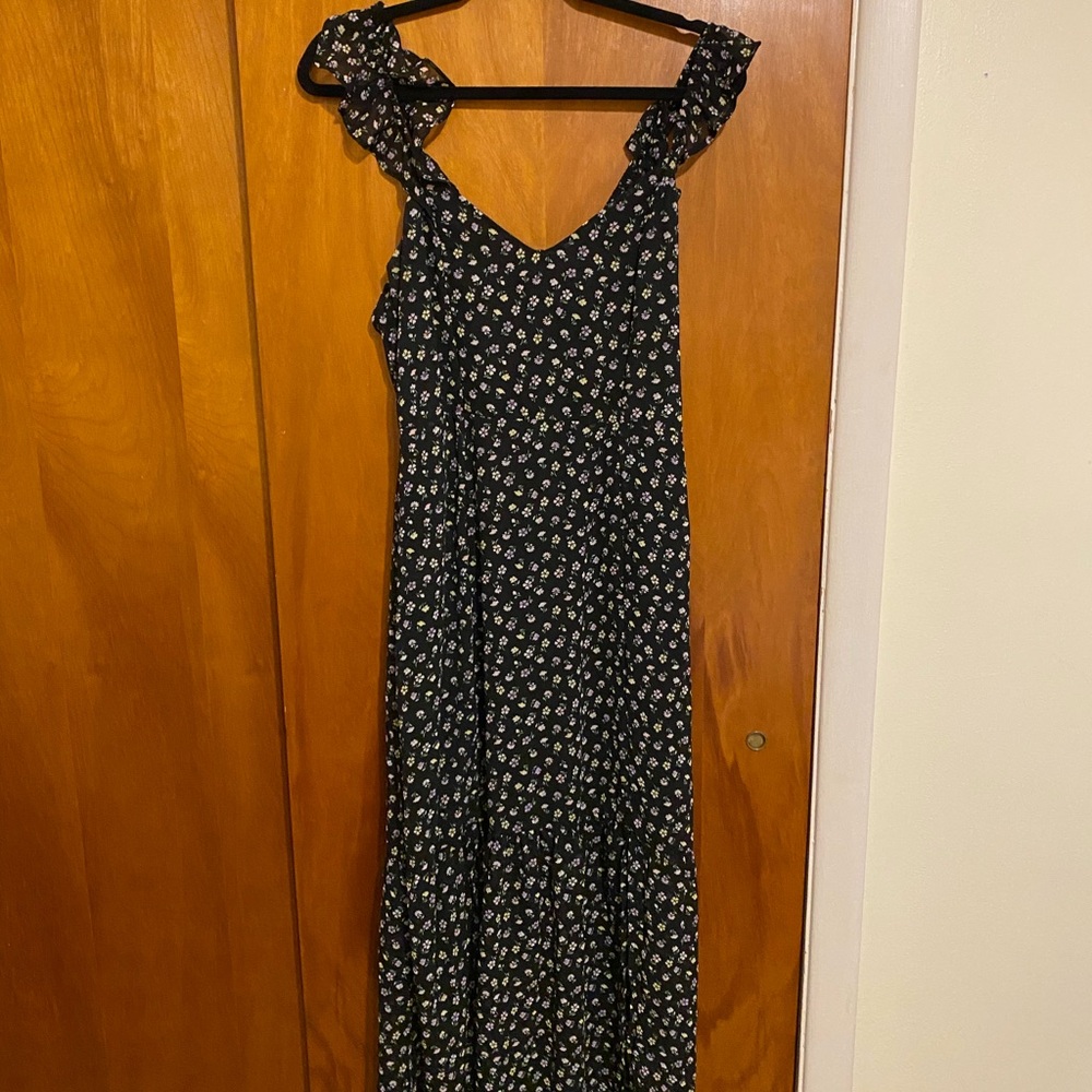H&M Black Floral One Shoulder Flutter Sleeve Sundress Midi Size M Dress